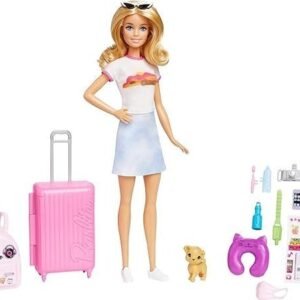Barbie Doll & Accessories, Travel Set with Puppy and 10+ Pieces