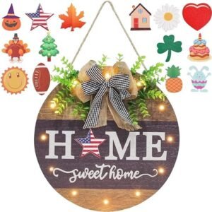 Interchangeable Welcome Sign for Front Door with 14 Changeable Icons, Farmhouse Front Porch Decor Rustic Wooden Wall Sign with 12 LED Lights, Outdoor Seasonal Welcome Home Decorations